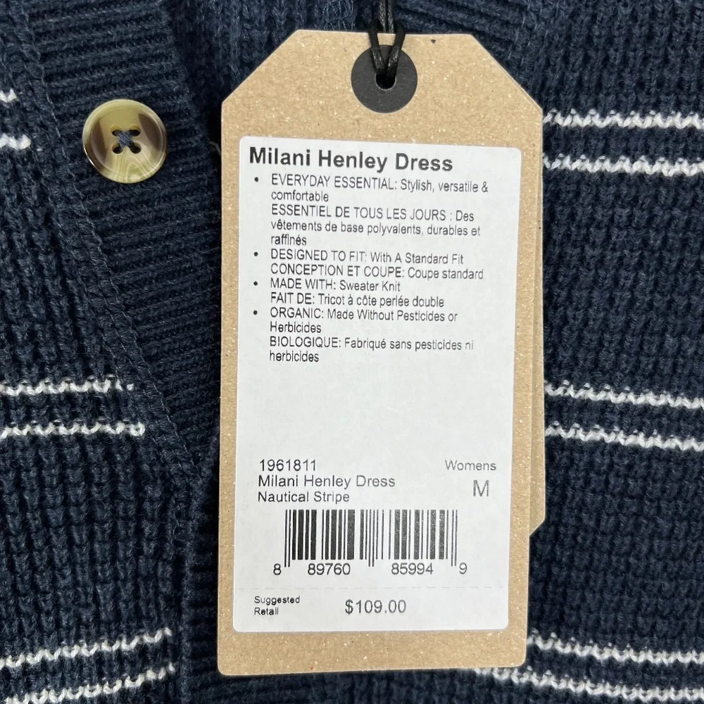 Prana Milani Henley Dress, Nautical Stripes,‎ M, NWT Organic